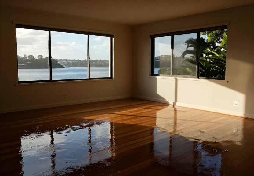 Flooded living room in Cecil Hills before restoration